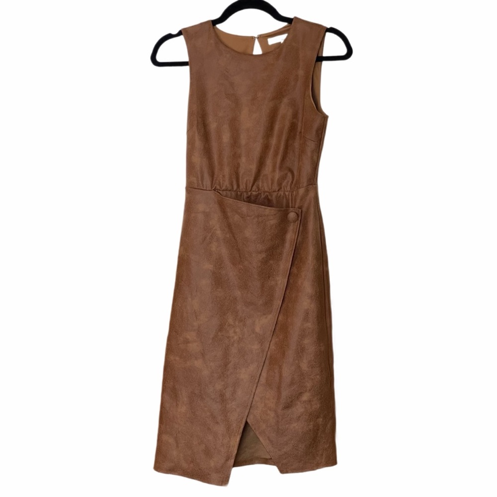 NWT Nordstrom Flattering Vegan Leather Sheath Dress + Slit in Camel Beige SZ S